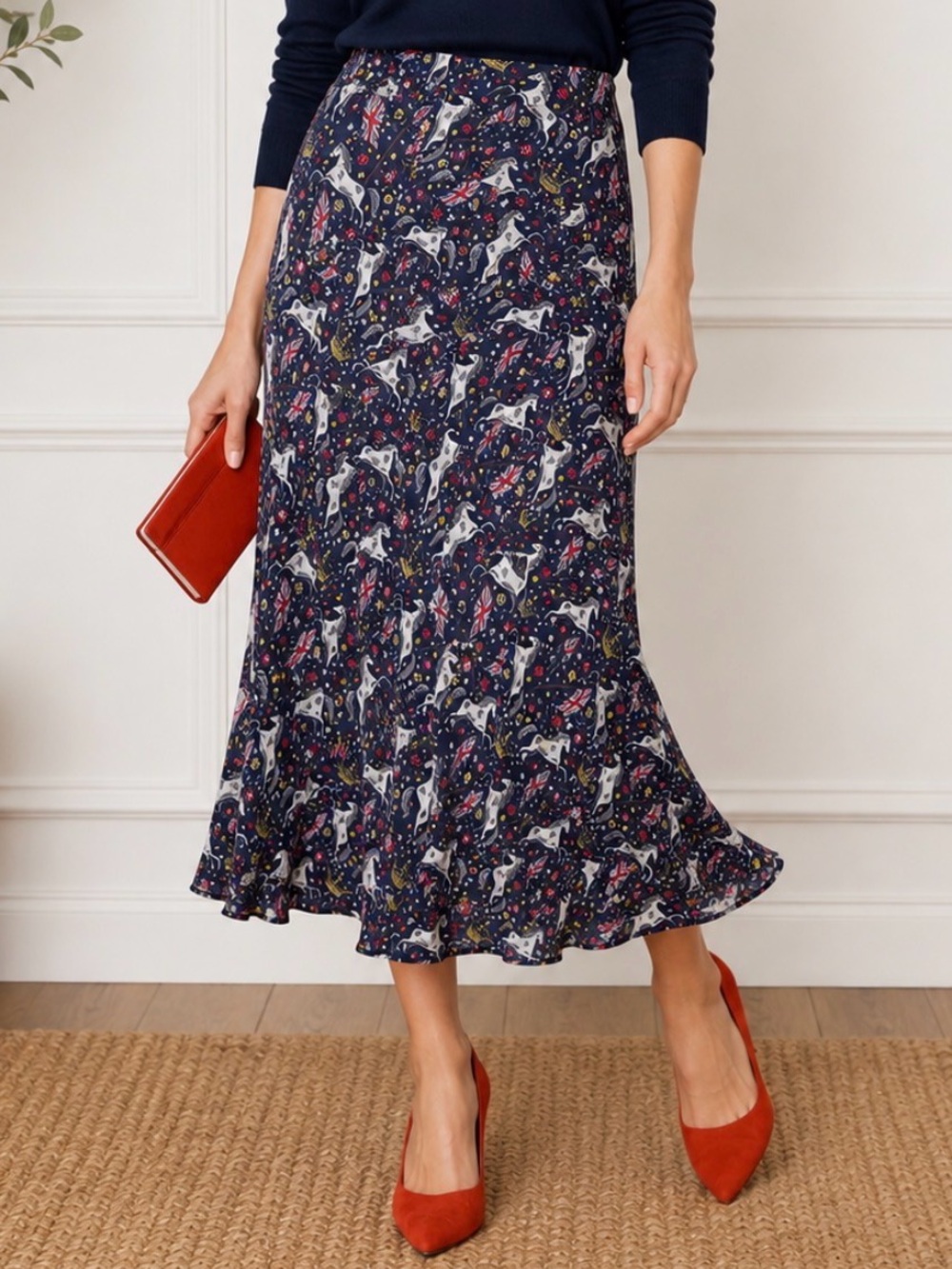 Boden Equestrian Union Jack Horse Print Midi Skirt Size US 12R